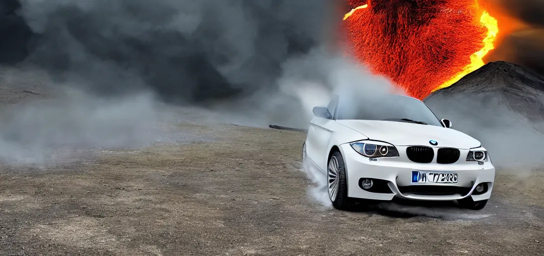 Image similar to bmw 135i 2010 Drifting the rim of an erupting Volcano, digital art