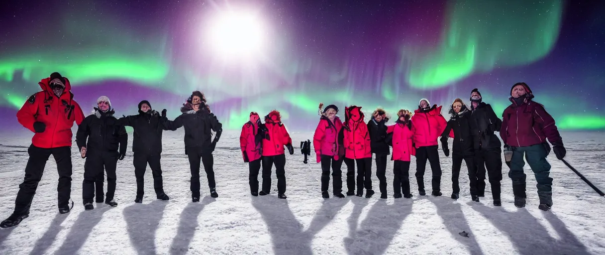 Image similar to a creepy backlit hyper detailed photo realistic vivid close up photograph of a group of six complete people in the snow at night aurora borealis in antarctica running through mcmurdo station base screaming oh my god