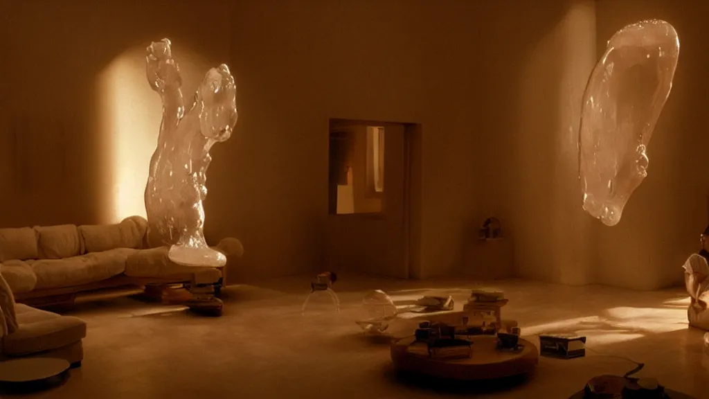 Image similar to a giant hand made of wax and water floats through the living room, film still from the movie directed by Denis Villeneuve with art direction by Salvador Dalí, wide lens