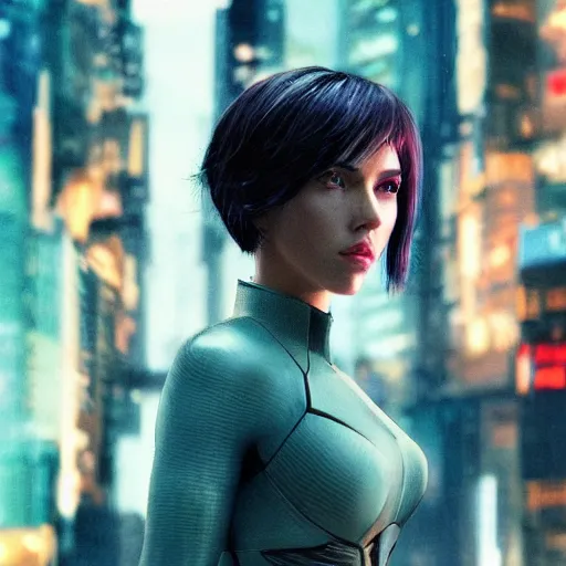 Prompt: a beautiful still of scarlett johansson as motoko kusanagi from ghost in the shell, cyberpunk style, looking off into the distance, short black hairs, with a soft, blue hour, neons light from night city falling on her face. focus on her eyes and brows. by annie leibowitz