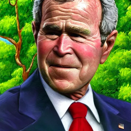 Image similar to george bush covered in green foliage, high detail