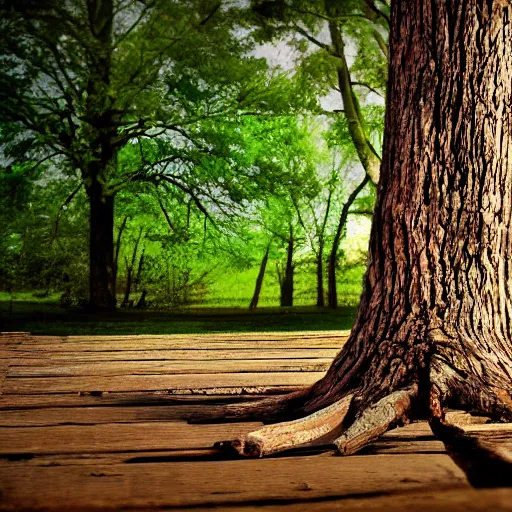 Image similar to wooden platform around a tree, realistic, photo,