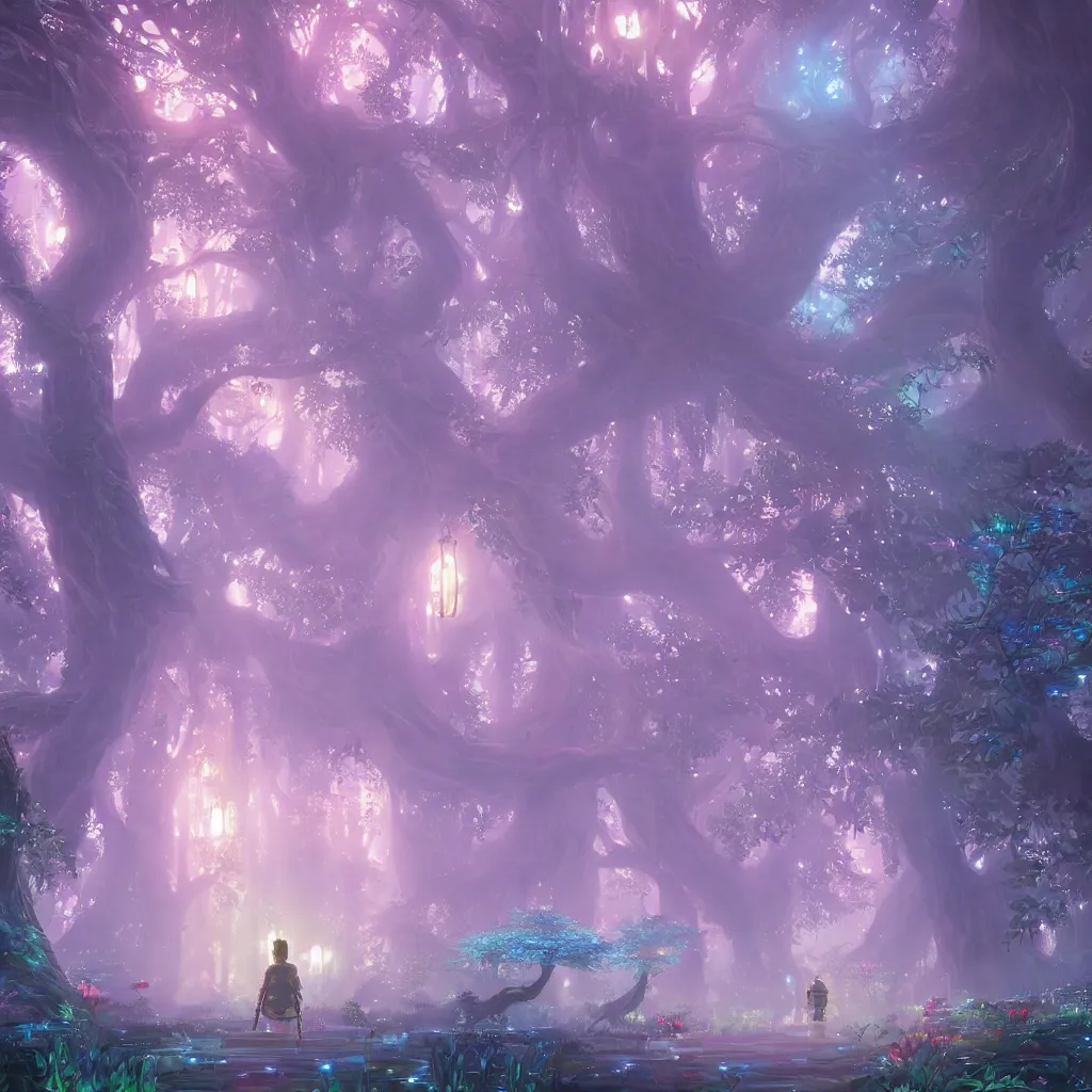 Image similar to huge trees and lanterns, misty nighttime. radiating rich energy. photorealistic, moody atmosphere, volumetric shading, holographic dreamlike, intricate and detailed, vivid colors. ori and the blind forest, breath of the wild style, by miyazaki ghibli!!!. trending on artstation. award winning, daily deivation. pastel!! pink accents.