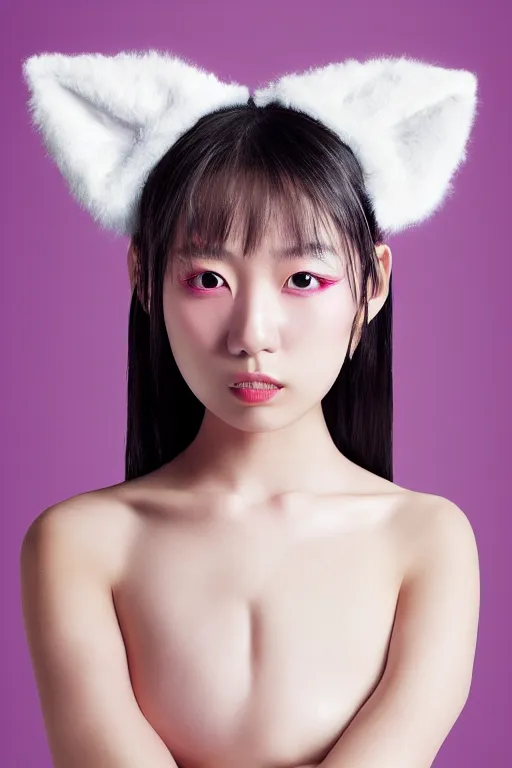 Prompt: aesthetic photograph of alluring young Japanese woman wearing white cat ear headband, by Nick Knight and jia ruan, headshot, realistic, photorealistic, HD, 4k resolution