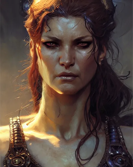 Image similar to fierce woman, fantasy character portrait, ultra realistic, concept art, intricate details, highly detailed, wide angle, by andrew robinson, gaston bussiere, craig mullins, simon bisley