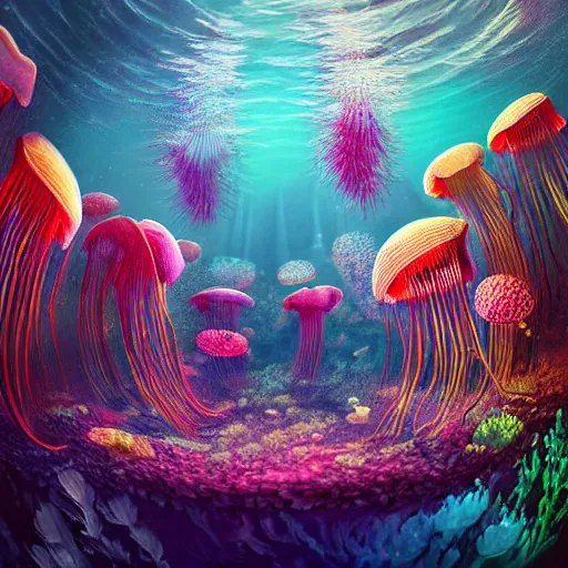 Image similar to underwater forest made of jellyfish beautiful composition, wide angle, colorful, cinematic, volumetric lighting, intricate details painting