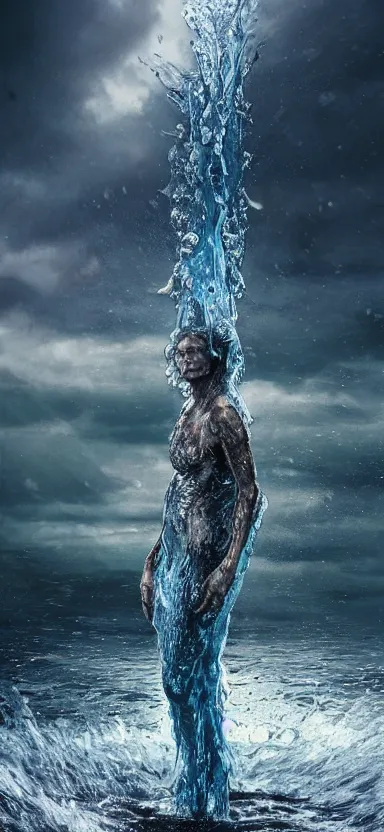 Image similar to creature made of water, made of liquid, rising up from ocean, water armor, high detail, high contrast, medium close up portrait, studio lighting, stormy seas, beautiful, bokeh, snowy, storm clouds, god rays, d & d, fantasy, elegant, aquamarine color palette, concept art, roger deakins and greg rutkowski and alphonse mucha