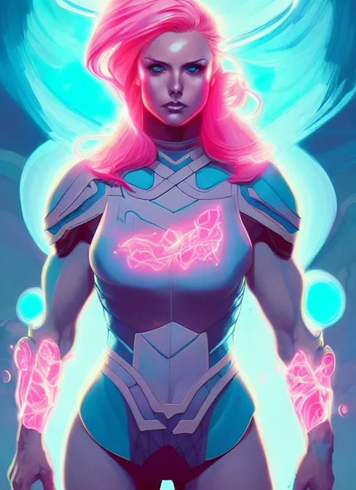 Prompt: style artgerm, joshua middleton, illustration, olivia munn as paladin, strong, muscular, muscles, cyan hair, swirling pink flames cosmos, fantasy, cinematic lighting, collectible card art