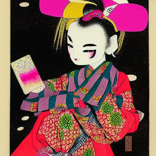 Prompt: A portrait of an adorable colorful vibrant holi nebulapunk goth girl, charismatic, intriguing, cheeky, surrealistic ukiyo-e painting by Mark Ryden and 奈良美智