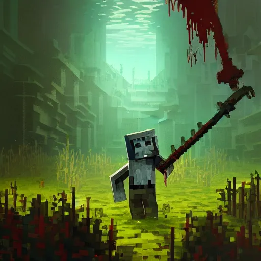 Image similar to painting by greg rutkowski of a minecraft drowned zombie with glowing cyan eyes, wearing ragged clothing and and algae growing on it, holding a trident, underwater