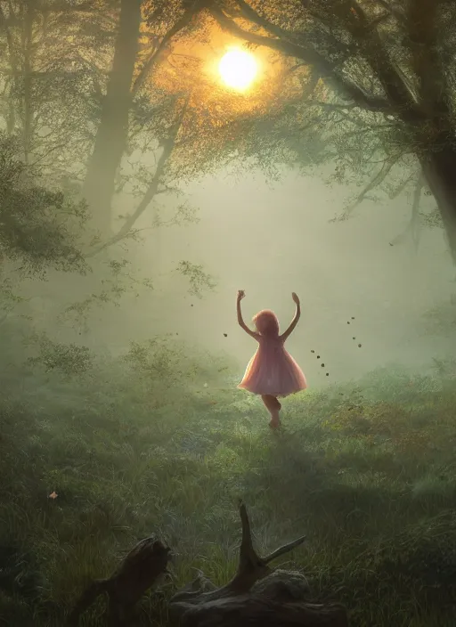 Image similar to misty swamp, hazy fog, sundown golden hour, girls early morning dance, smile, fireflies and sparkling wisps, sun rays through trees, Lilia Alvarado, Sophie Anderson, Mark Arian, Bob Byerley, Charlie Bowater, Mark Brooks, Steve Henderson, Justin Gerard, Arthur Hughes, Edward Robert Hughes, Mark Keathley, Victor Nizovtsev, Carlos Shwabe, Ross Tran, WLOP