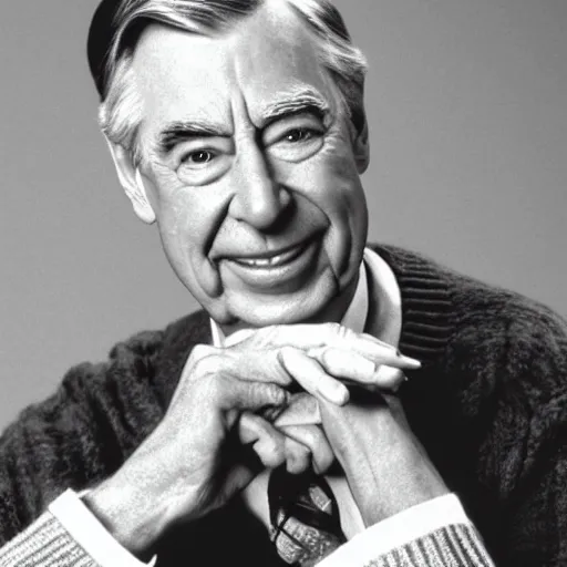 Prompt: mr. rogers has slinkies for hands, color photo