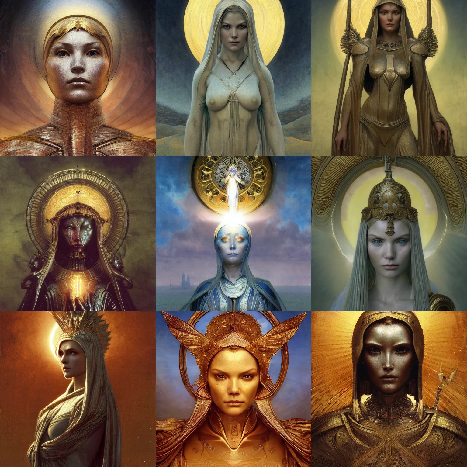 Prompt: Elisha Cuthbert as a saint knight masterpiece, golden halo behind her head, by Edgar Maxence and Ross Tran, distaw Beksinski, and Michael Whelan, distant, gustav dore, H.R. Giger, 8k, octane render