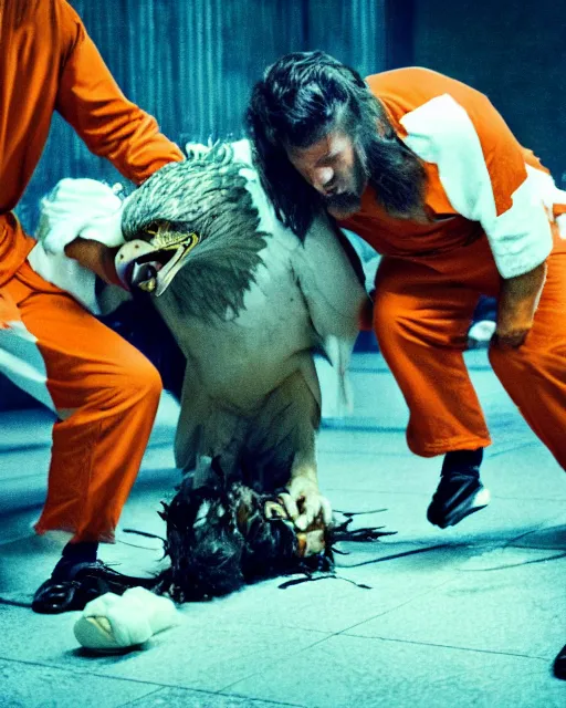 Image similar to Medium shot photo of eagles biting scared Donald Trump in prison jail wearing orange pajamas, octane, dramatic lighting, editorial photo, 35mm, very detailed