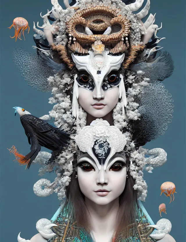 Image similar to 3 d goddess close - up 3 / 4 portrait with ram skull. beautiful intricately detailed japanese crow kitsune mask and clasical japanese kimono. betta fish, jellyfish phoenix, bio luminescent, plasma, ice, water, wind, creature, artwork by tooth wu and wlop and beeple and greg rutkowski