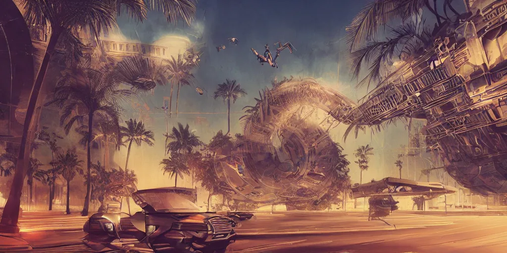 Prompt: Cyberpunky Marrakech, palm tree, Flying vehicles ,Moroccan mosque ,WLOP, James Jean, tom bagshaw, rococo, neon lights ,trending on artstation, fantasy, intricate, elegant, highly detailed, digital painting, concept art, smooth, illustration, cinematic lighting, hyper realism, octane render, 8k, hyper detailed.