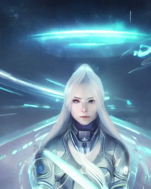 Prompt: photo of a android girl on a mothership, warframe armor, beautiful face, scifi, nebula reflections, futuristic background, dreamy, long white hair, blue android eyes, glowing, 8 k high definition, insanely detailed, intricate, innocent, art by akihiko yoshida, antilous chao, li zixin, woo kim
