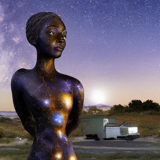 Image similar to A beautiful sculpture featuring a night sky filled with stars, and a small town in the distance. The sculpture is very peaceful and calming biopunk by Bill Medcalf, by Lisa Frank stormy