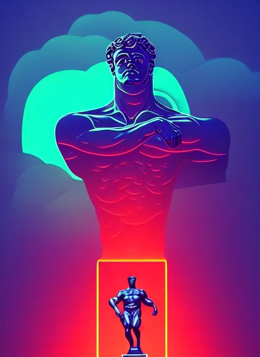 Image similar to statue of hercules, beeple, android jones, ( ( ( ( ( dan mumford ) ) ) ) ), vaporwave, retrowave, black background, neon wiring, black, glitch, strong contrast, cuts, pinterest, trending on artstation