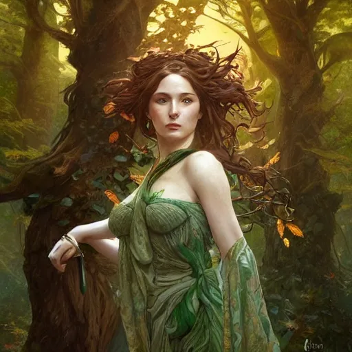 Prompt: a painting of woman tree druid with leaf themed clothing, fully clothed, D&D, fantasy, intricate, cinematic lighting, highly detailed, digital painting, artstation, concept art, smooth, sharp focus, full body, illustration, art by Artgerm and Greg Rutkowski and Alphonse Mucha