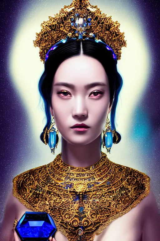 Prompt: a singular beautiful empress portrait, black hair, with a brilliant, impossible striking shiny big blue crystal headpiece, symmetrical, reflective surface, blue crystal clothes, rococo, baroque, jewels, asian, realistic, studio lighting, closeup, D&D, fantasy, intricate, elegant, highly detailed, digital painting, artstation, octane render, 8k, concept art, matte, sharp focus, illustration, art by Artgerm and Greg Rutkowski and Alphonse Mucha