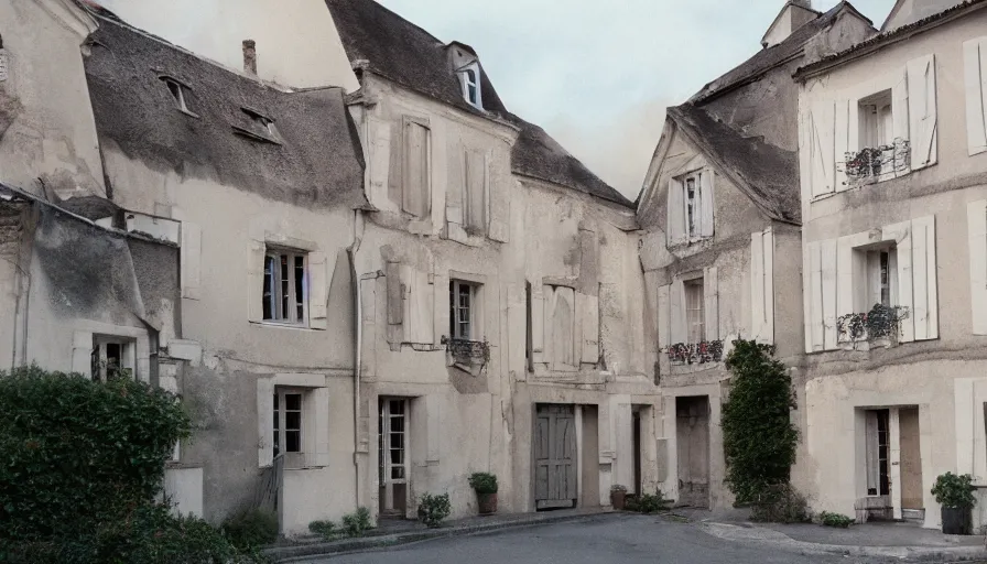 Prompt: 1 9 7 0 s movie still of a french style townhouse who is burning in a small french village, cinestill 8 0 0 t 3 5 mm, heavy grain, high quality, high detail, dramatic light, anamorphic, flares