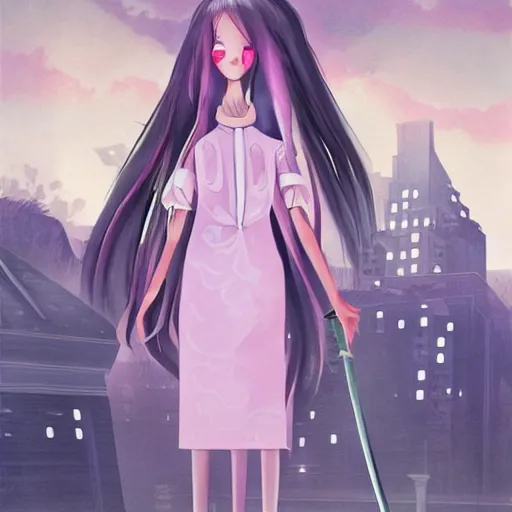 Prompt: gloomy ghost girl in a pretty mid-length dress with a sharp katana in front of a cybercity in pastel colors, high detail photo