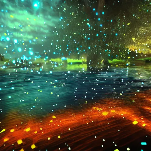 Prompt: the ultradetailed wide - shot of magical water spell effects, trending on artstation, glowing fireflies at night