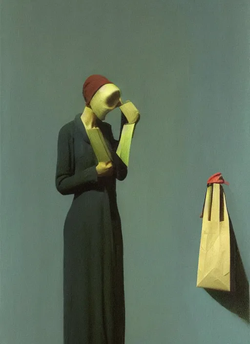 Image similar to woman with a paper bag over the head and a sward Edward Hopper and James Gilleard, Zdzislaw Beksinski, Steven Outram highly detailed