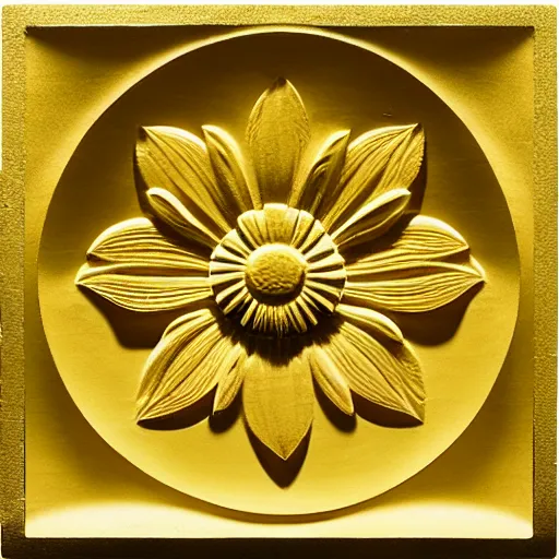 Prompt: ornate carving of a daisy in a flat circular inset on a square gold panel, cinematic lighting