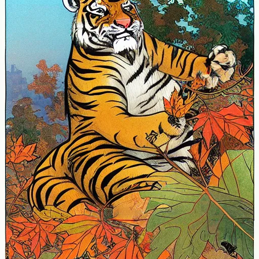 Image similar to a highly detailed cartoon tiger waving a leaf fan, autumn leaves on the ground, concise lines, ultradetailed environment, sharp focus, cinematic lighting, by alphonse maria mucha and kim jung gi