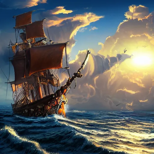 Prompt: A Wide Shot artistic masterpiece of a giant pirate ship, sun, clouds, ocean, 4k, ultra detailed, artstation