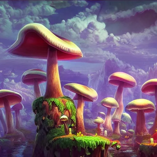 Prompt: beautiful matte art of the mushroom kingdom in the style of futuristic, photo realistic, 8 k uhd, high resolution, concept art detailed realistic, highly detailed, lighting, hyperrealistic, unreal engine