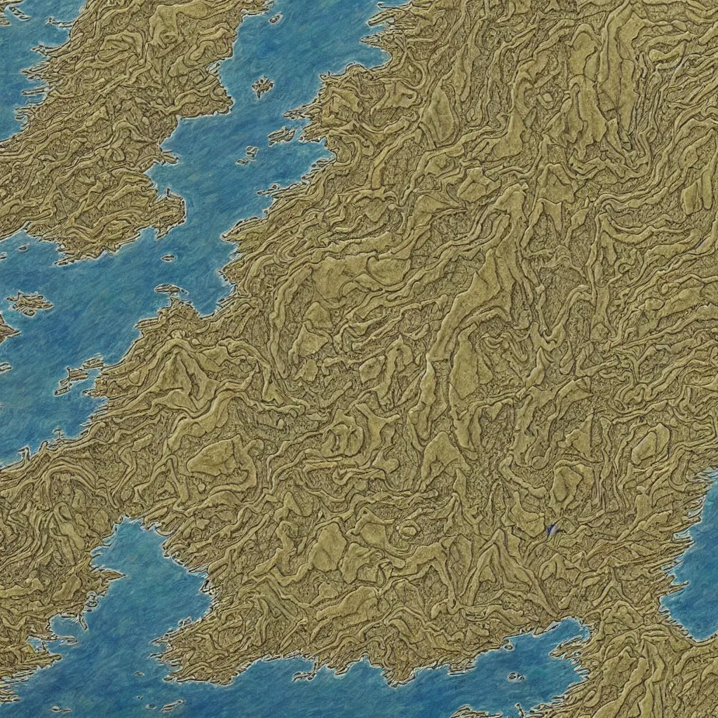 Prompt: well drawn highly detailed topographical map of a large fantasy continent minimal water, emphasized elevation, styled like a j. r. tolkien map, oil painting