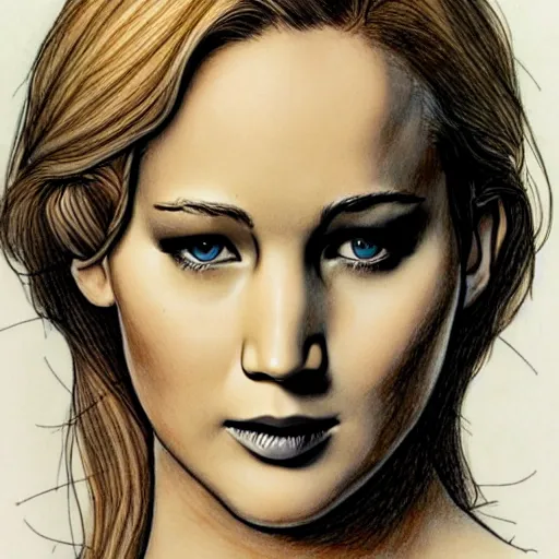 Image similar to Milo Manara drawing, woman with Jennifer Lawrence's face, detailed, 4k