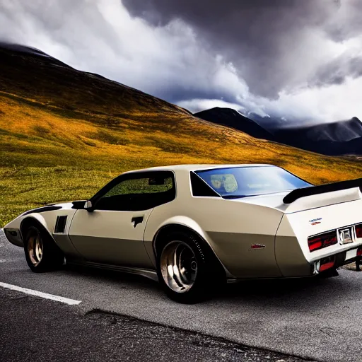 Image similar to pontiac firebird trans - am driving towards the camera, norway mountains, cinematic, volumetric lighting, foggy, wide shot, low angle, huge mountains, large lightning storm, thunder storm, tornado