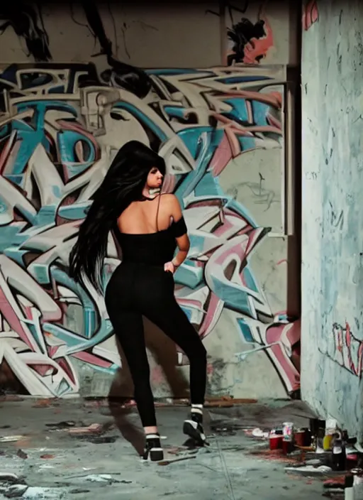 Image similar to film still portrait of kylie Jenner doing a graffiti mural, derelict house, cinematic lighting, cinematic, close rear pov,