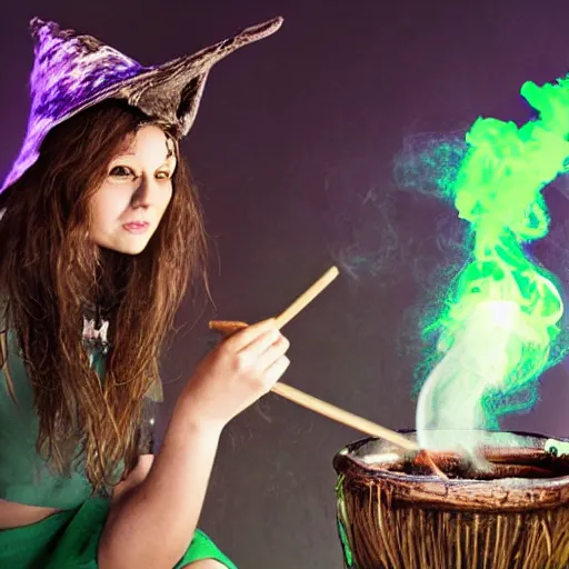 Prompt: owl, teen witch mixing a spell in a cauldron, wispy smoke, witch hat, studio photography, green glowing smoke is coming out of the cauldron, ingredients on the table, unorganized apothecary shelves in the background