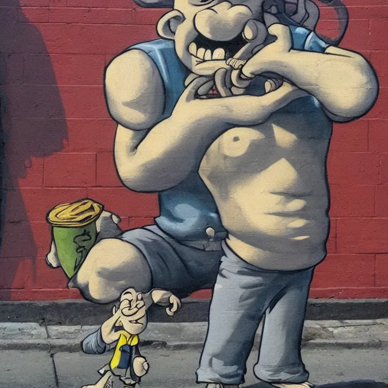 Image similar to Street-art portrait of Popeye the Sailor with the squinting (or entirely missing) right eye, huge forearms with two anchor tattoos, skinny upper arms, and corncob pipe. in style of Edward Hopper, comic character, photorealism