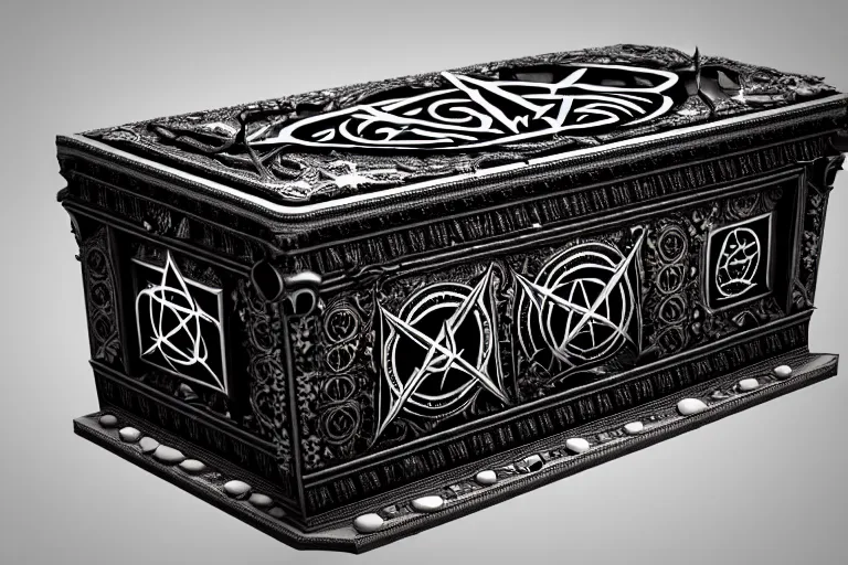 Image similar to an ancient ornate intricate old spell satanic coffin with the sigil symbol of evil emblazoned on the cover, cinematic, realistic, intricate detail, finely detailed, small details, extra detail, photorealistic, high resolution, 3 d, pbr, path tracing, volumetric lighting, octane render, arnold render, 8 k