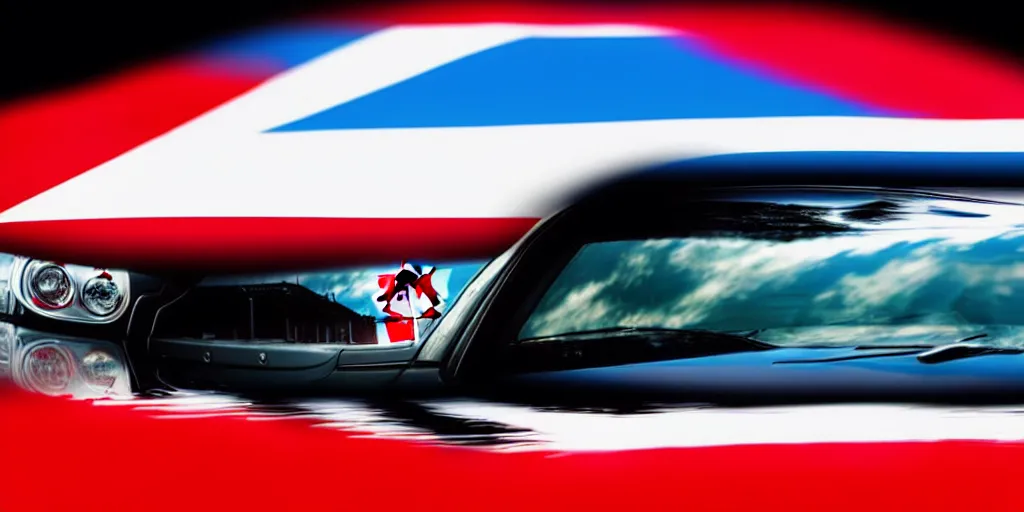 Image similar to nissan skyline r34 with Canadian flag reflection, photography, realistic