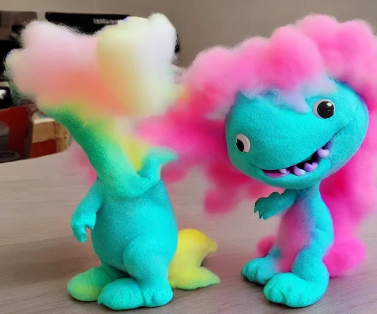 Prompt: a cute little dinosaur, cotton candy, fluffy clouds