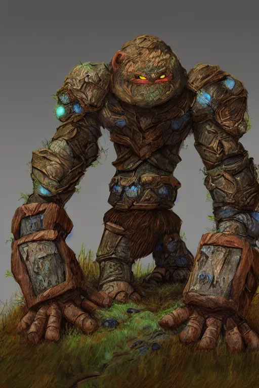 Image similar to zelda fantasy art giant golem troll wood rock greeble gemstone, global illumination ray tracing hdr fanart arstation by sung choi and eric pfeiffer and gabriel garza and casper konefal