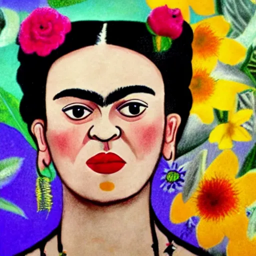 Image similar to a portrait of frida kahlo, with colorful flowers in her hair