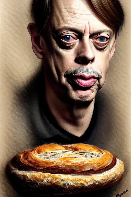 Prompt: beautiful portrait half steve buscemi wearing sourdough bread, by greg rutkowski