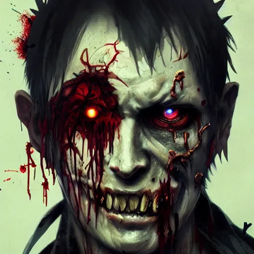 Prompt: zombie anime man with wounds, highly detailed, bloody, very scary face, rain background, digital art, pixiv fanbox, artstation, by greg rutkowski, wlop, miyazaki hayao