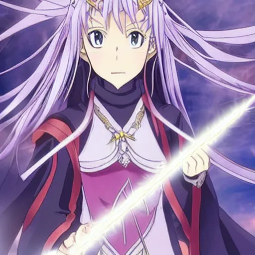 Prompt: a female fantasy wizard anime character with staff emitting magical energies in one hand by hiromu arakawa