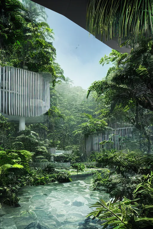 Image similar to architecture inspired by renzo piano deep in the rainforest. nature is taking over. metabolism. matte painting. octane render. hdr. volumetric lighting. global illumination. atmospheric.