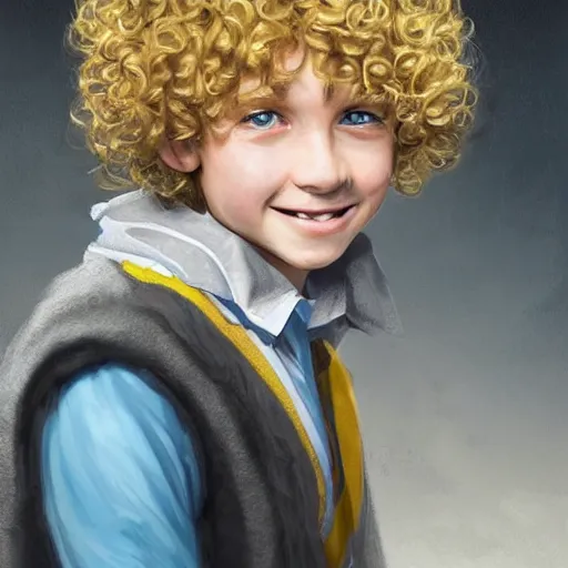 Prompt: close - up portrait a curly blonde hair hufflepuff!! boy age 1 1 years old with grey - blue eyes, cute, smiling!! fantasy, portrait, highly detailed, digital painting, artstation, concept art, sharp focus, illustration, studio photo, studio lighting, art by artgerm and greg rutkowski and magali villeneuve