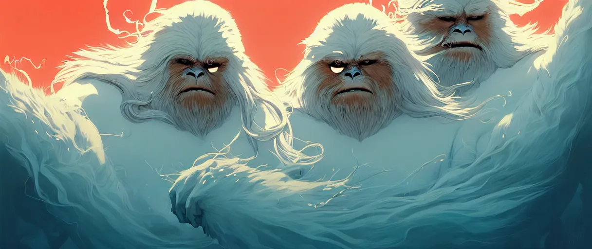 Image similar to beautiful artistic - wave highly detailed portrait of yeti and bigfoot, with kitsune mask, long red hair, by atey ghailan, by greg rutkowski, by greg tocchini, by james gilleard, by joe fenton, by kaethe butcher, dynamic lighting, gradient light blue, brown, blonde cream and white color scheme, grunge aesthetic